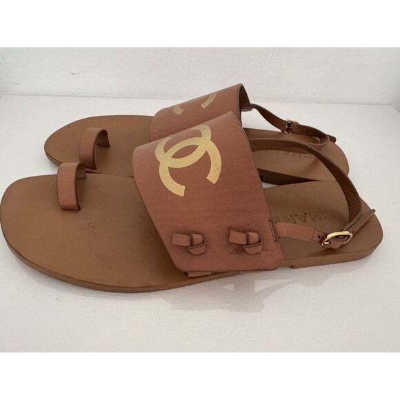 CHANEL Brown CC Logo Gold Ankle Strap Toe Ring Sandals EU 39 US 9 Authentic - Picture 3 of 8